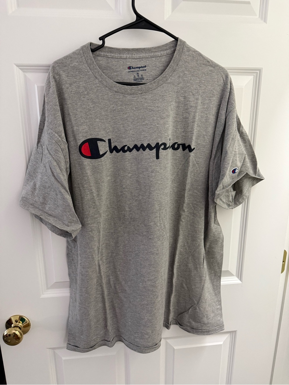 Champion Heather Gray Tee with Navy and Red Logo